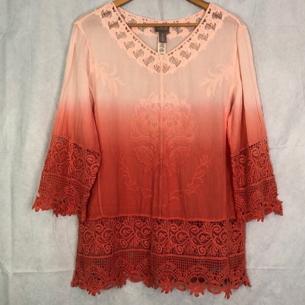 CHICOS Woman’s Embroidered Lace 3/4 Sleeve Ombre Top Tunic Size 3